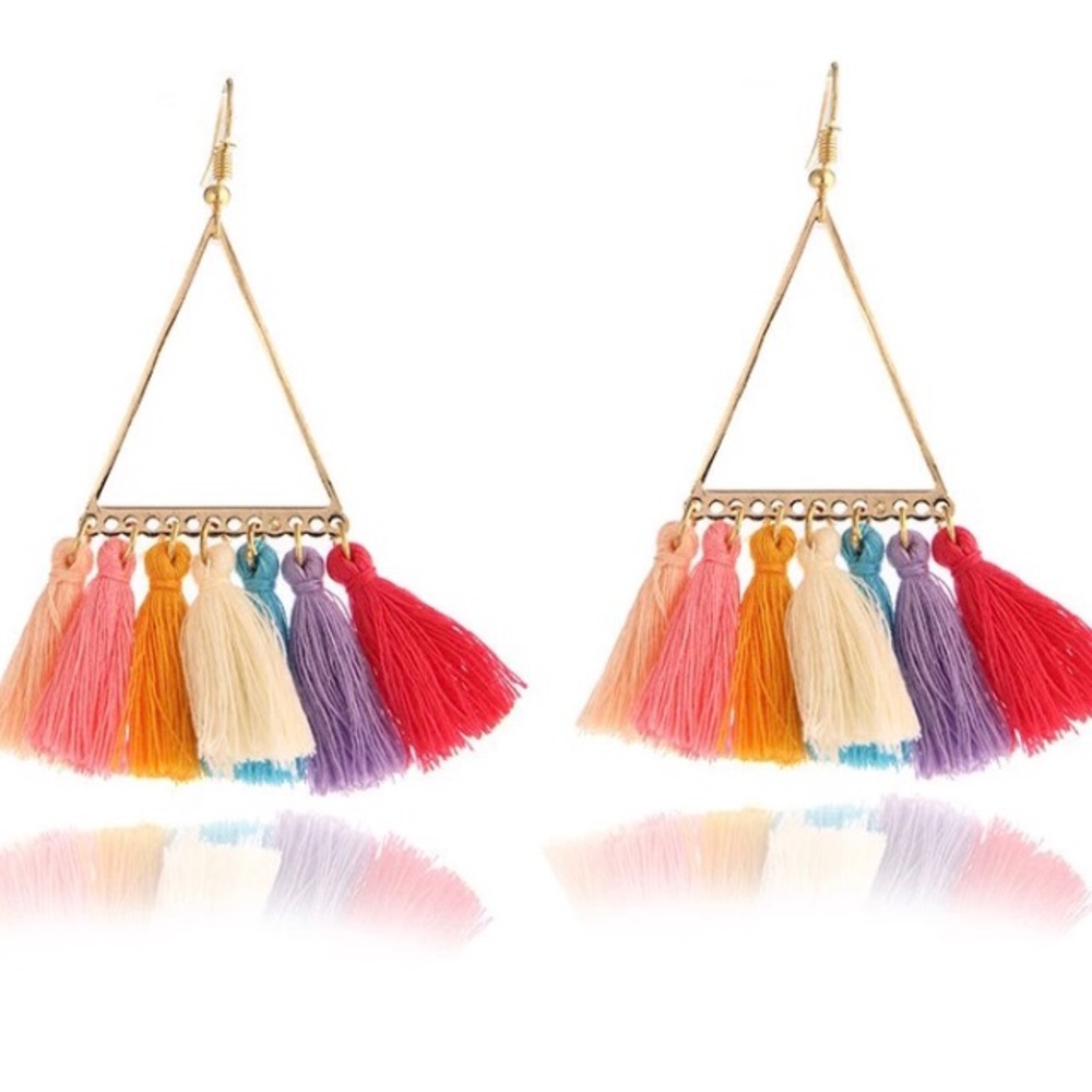 NEW!๐๐TASSEL TRIANGLE HOOP EARRING!๐๐GOLD TONE - Picture 6 of 16